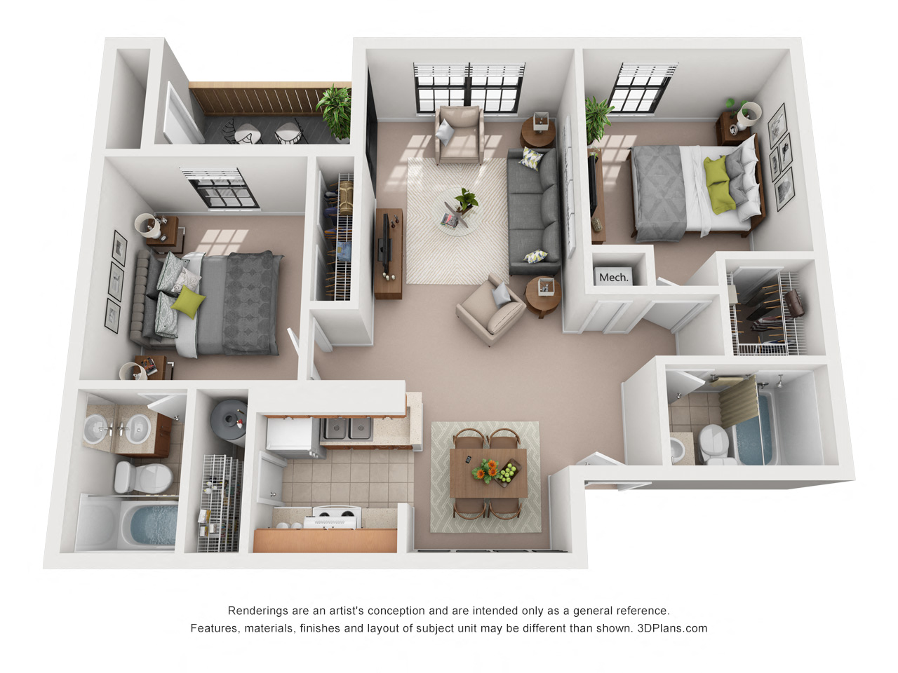 Floor plan for 2 beds, 2 baths, 873 sqft